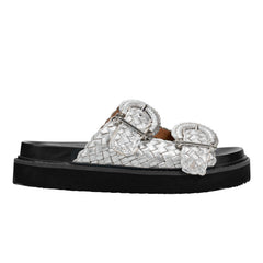 Marc Fisher Auggie Woven Footbed Sandal | Silver Leather