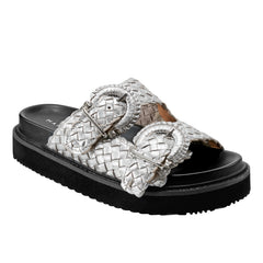 Marc Fisher Auggie Woven Footbed Sandal | Silver Leather