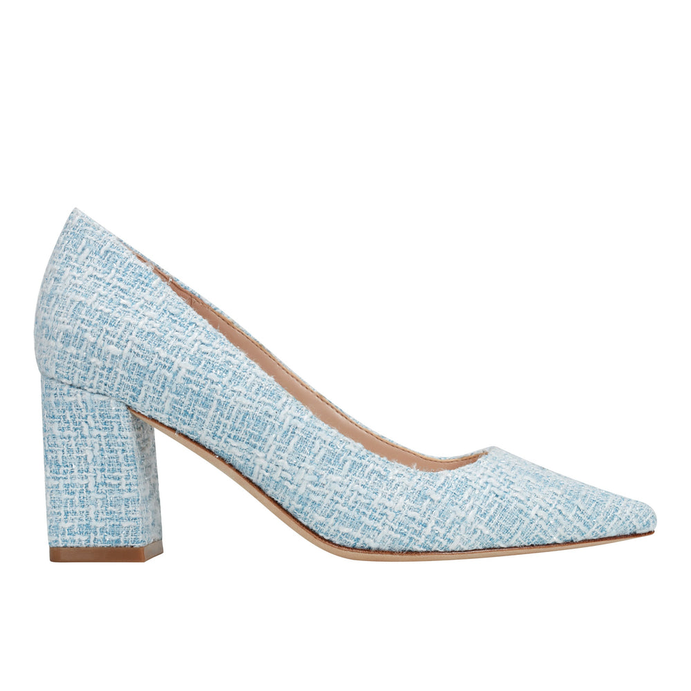 Marc Fisher Zala Block Heel Pointy Toe Pump | Blue Boucle