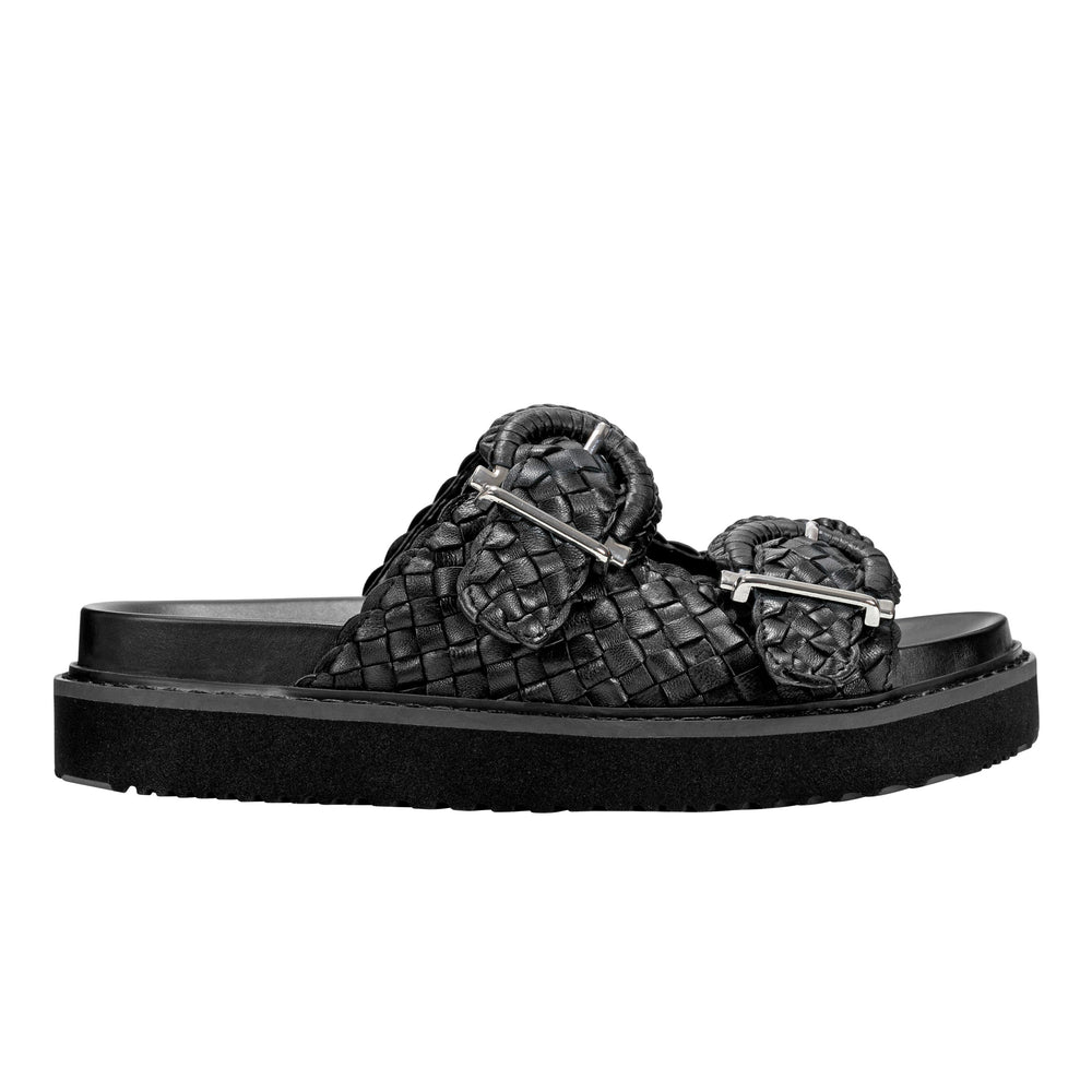 Marc Fisher Auggie Woven Footbed Sandal | Black Leather