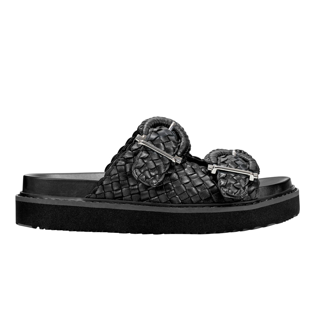 Marc Fisher Auggie Woven Footbed Sandal | Black Leather