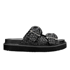 Marc Fisher Auggie Woven Footbed Sandal | Black Leather