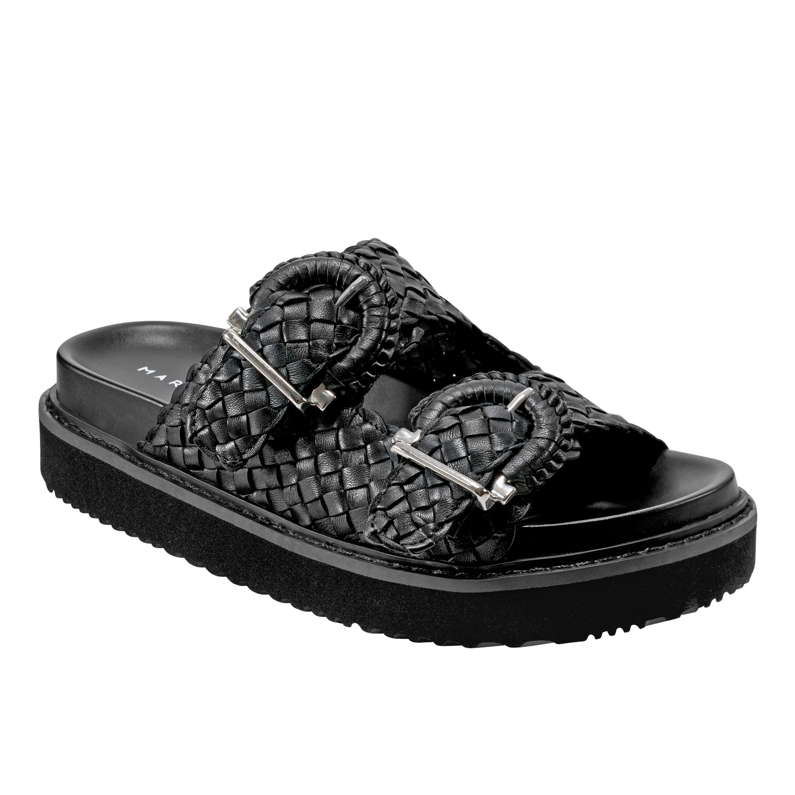 Marc Fisher Auggie Woven Footbed Sandal | Black Leather