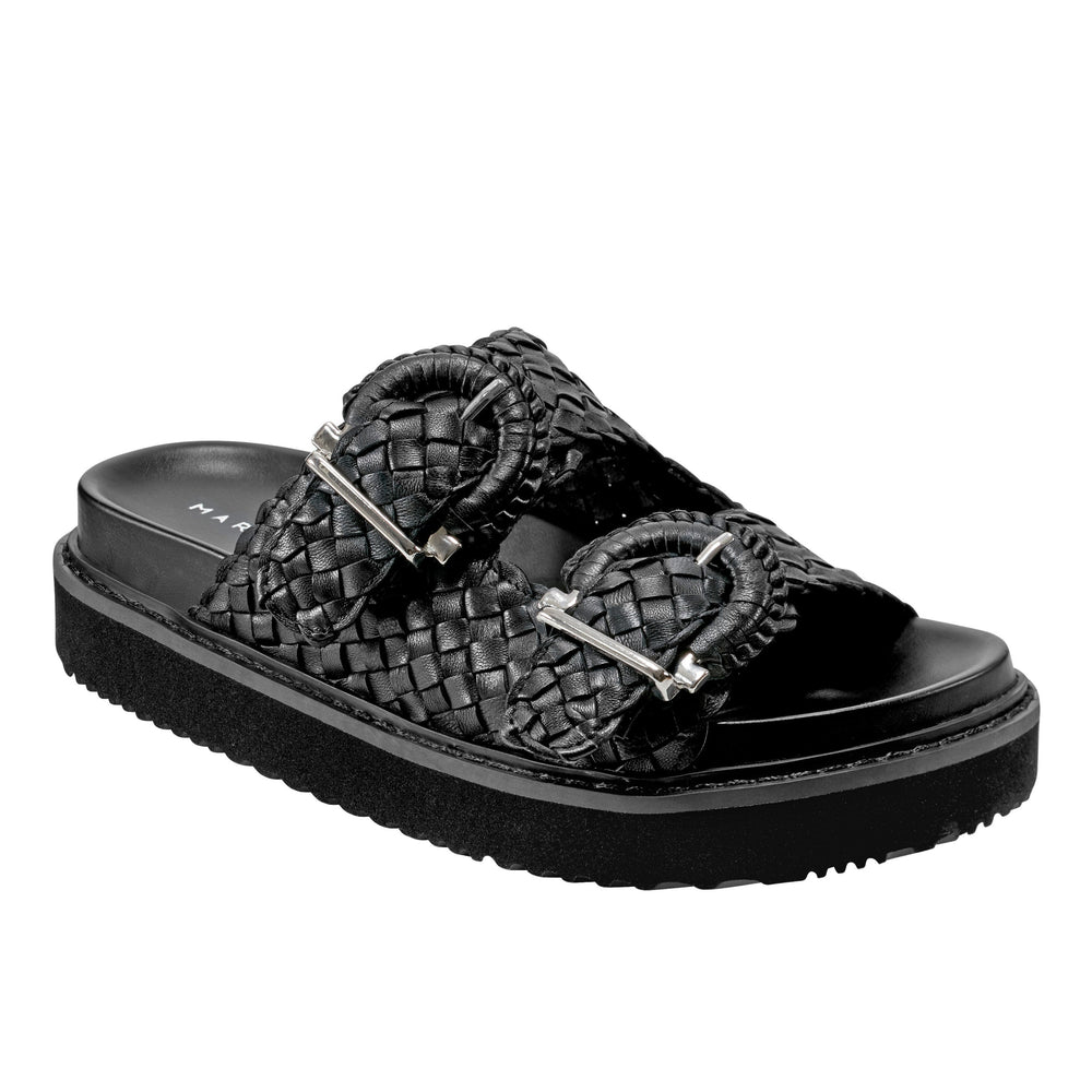 Marc Fisher Auggie Woven Footbed Sandal | Black Leather