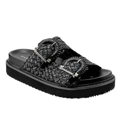 Marc Fisher Auggie Woven Footbed Sandal | Black Leather