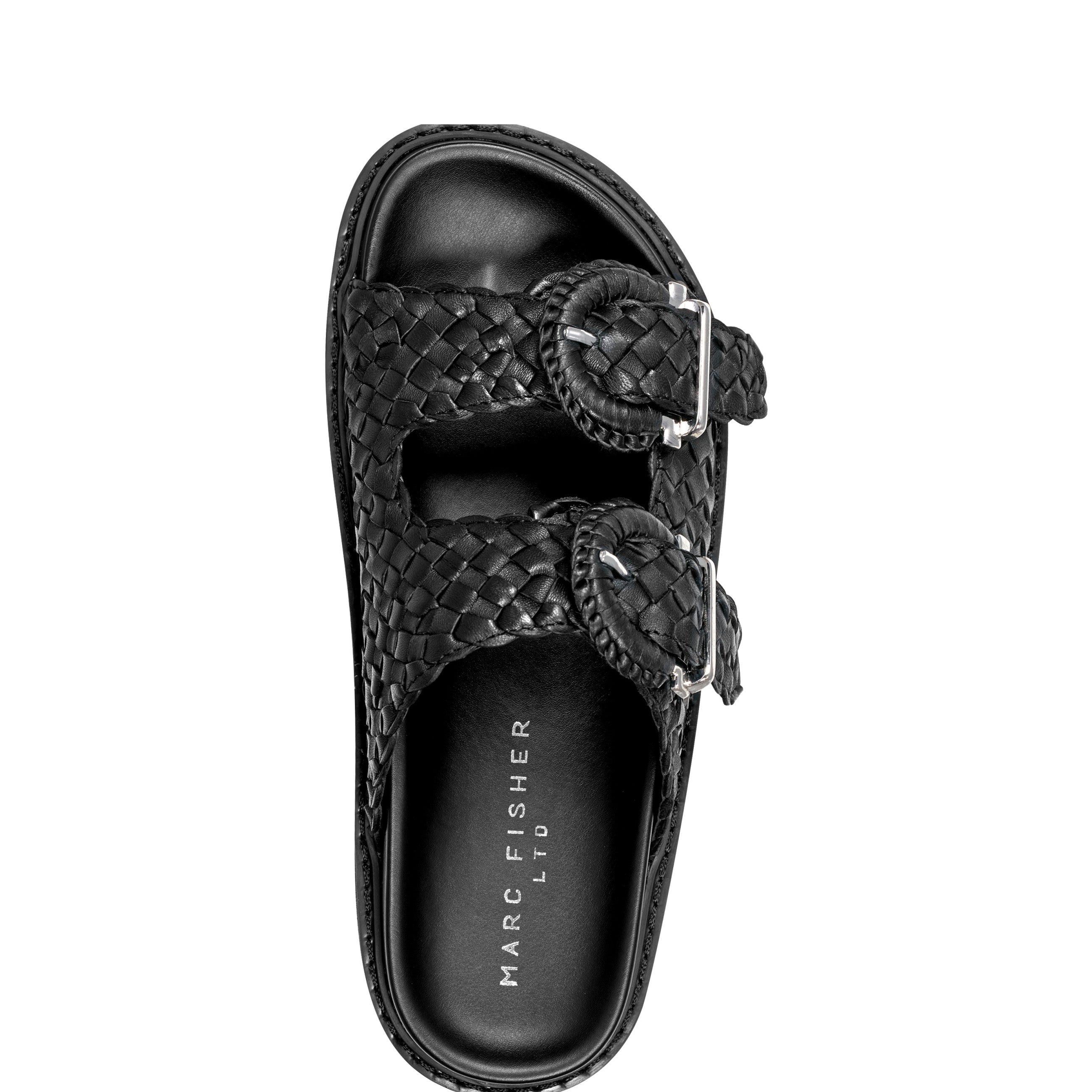 Marc Fisher Auggie Woven Footbed Sandal | Black Leather