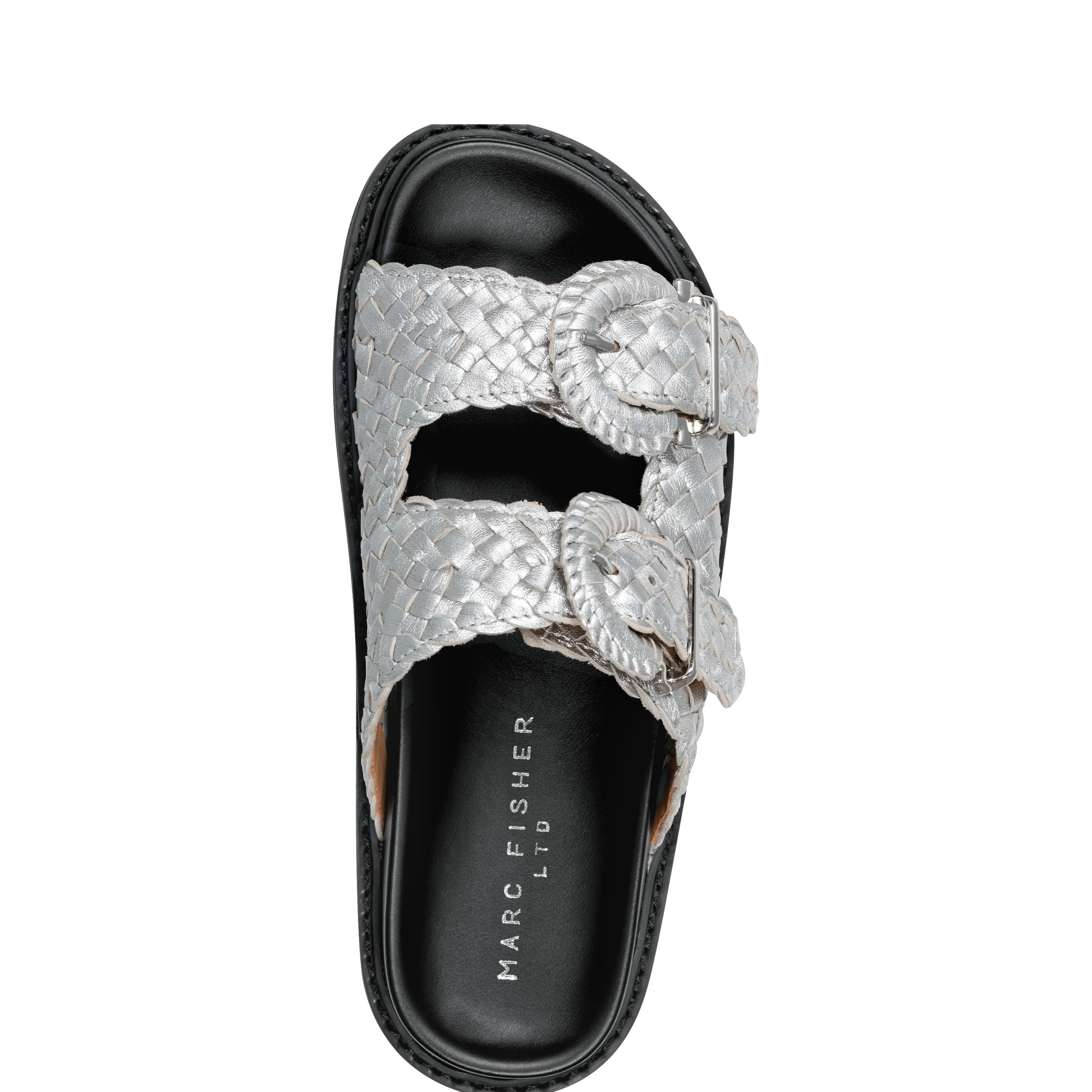 Marc Fisher Auggie Woven Footbed Sandal | Silver Leather