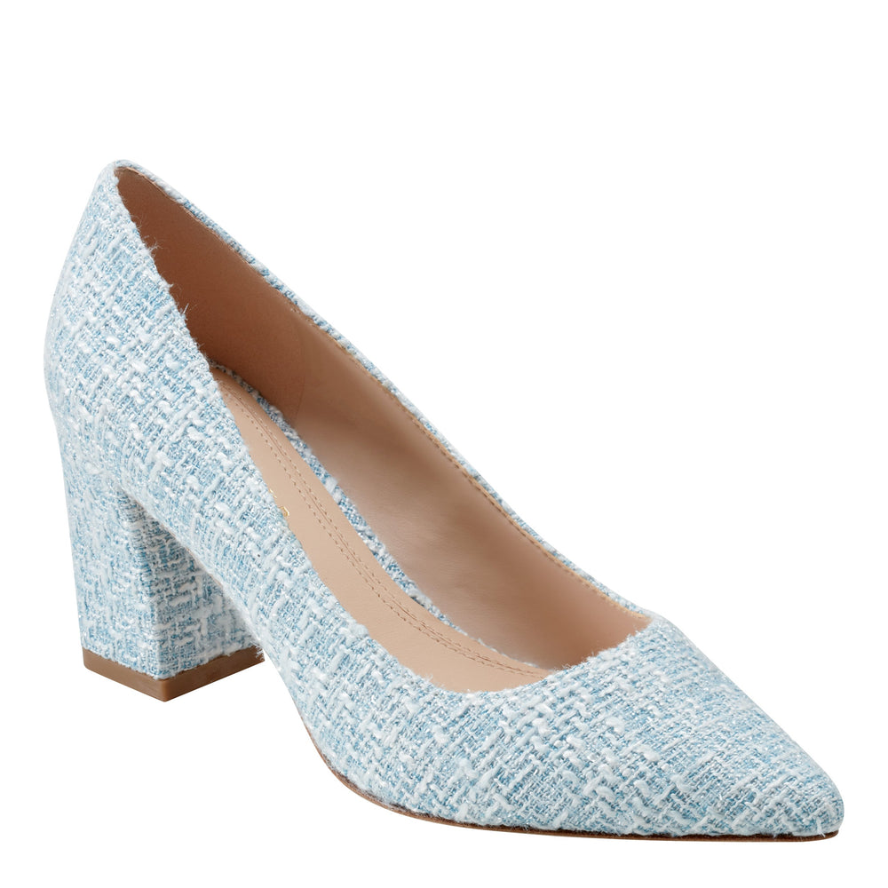Marc Fisher Zala Block Heel Pointy Toe Pump | Blue Boucle