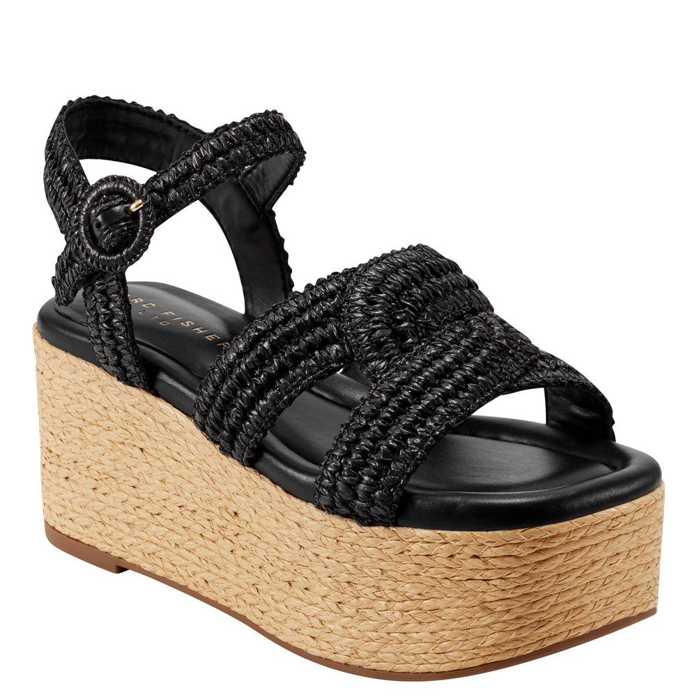 Marc Fisher Payley Platform Wedge Sandal | Black Raffia