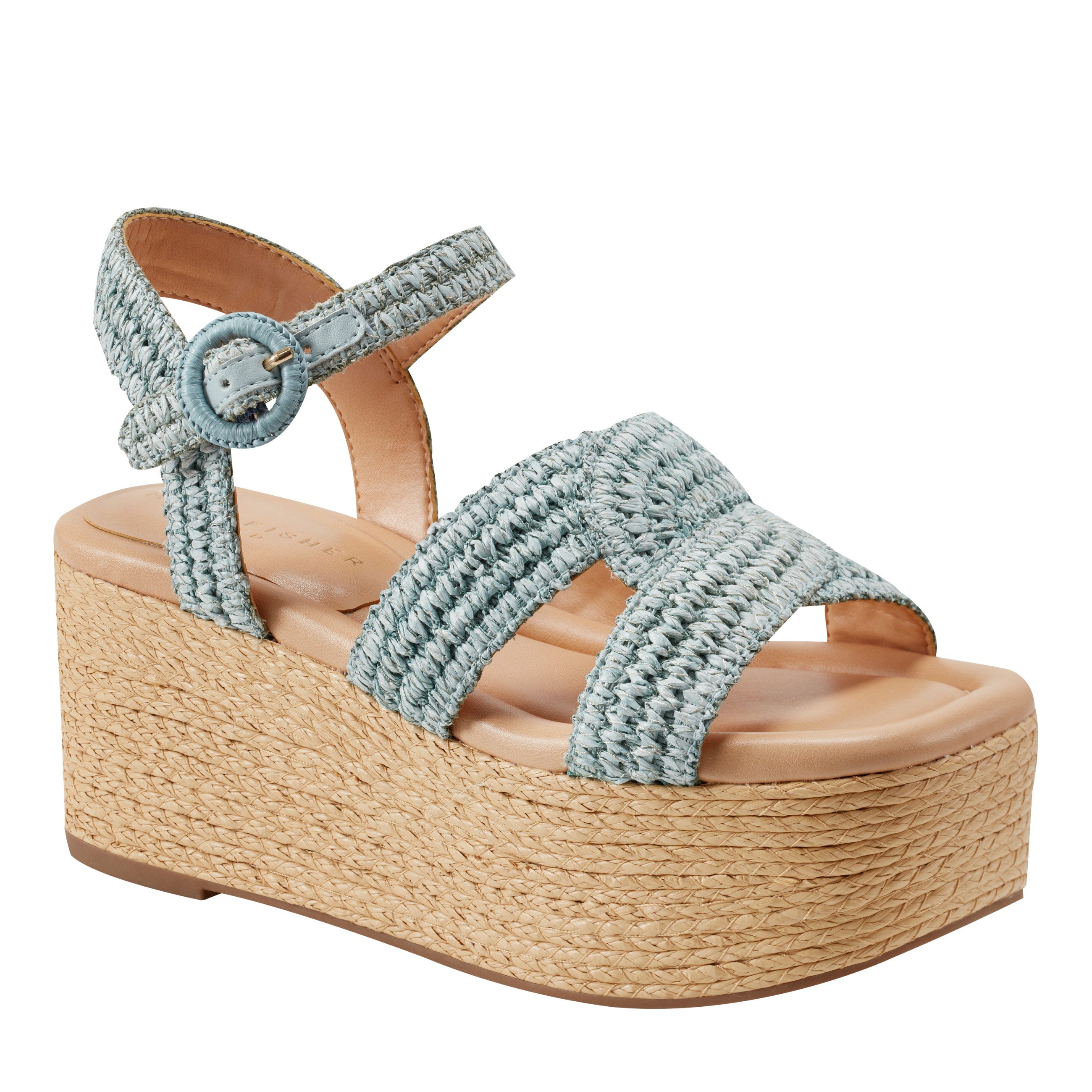 Marc Fisher Payley Platform Wedge Sandal | Light Blue Raffia