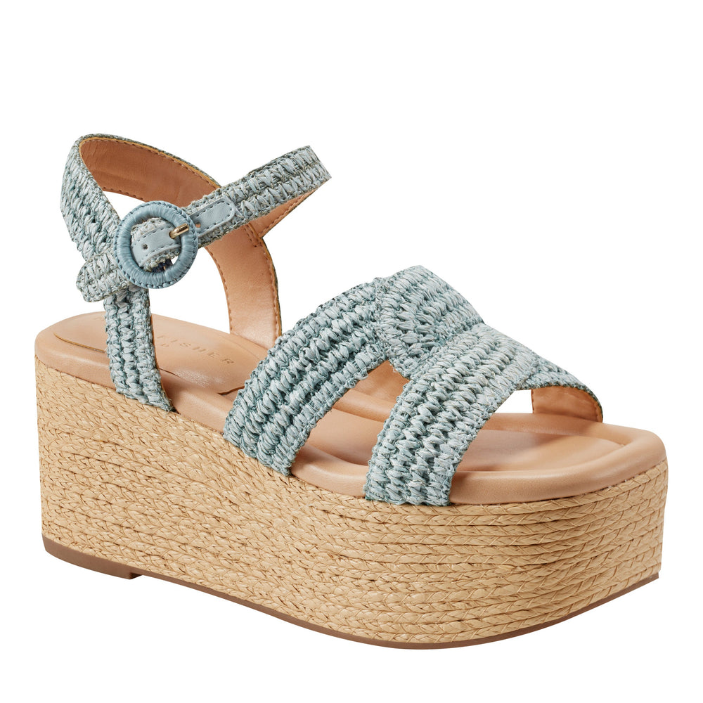 Marc Fisher Payley Platform Wedge Sandal | Light Blue Raffia
