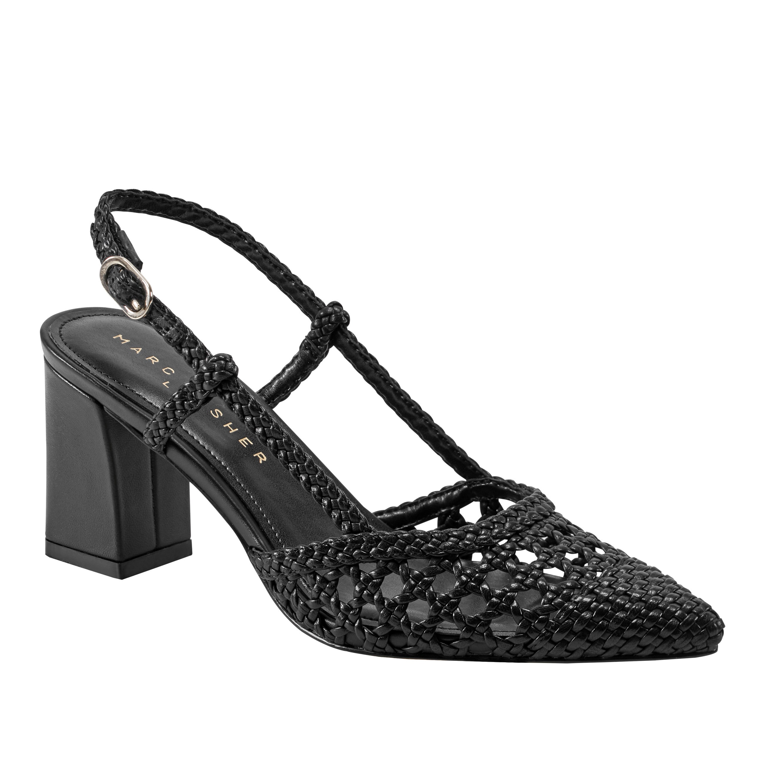 Marc Fisher Zunnie Block Heel Woven Slingback Pump | Black Leather