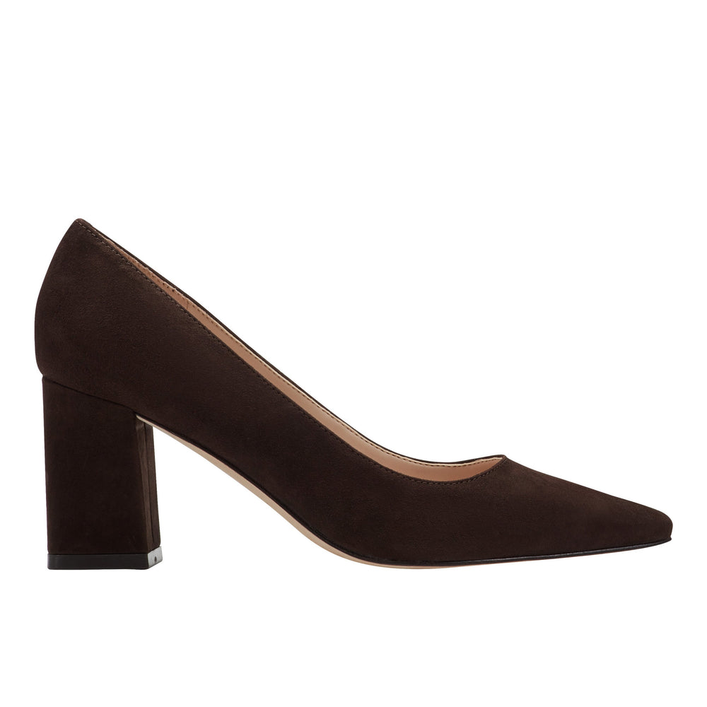 Marc Fisher Zala Block Heel Pointy Toe Pump | Dark Brown Suede