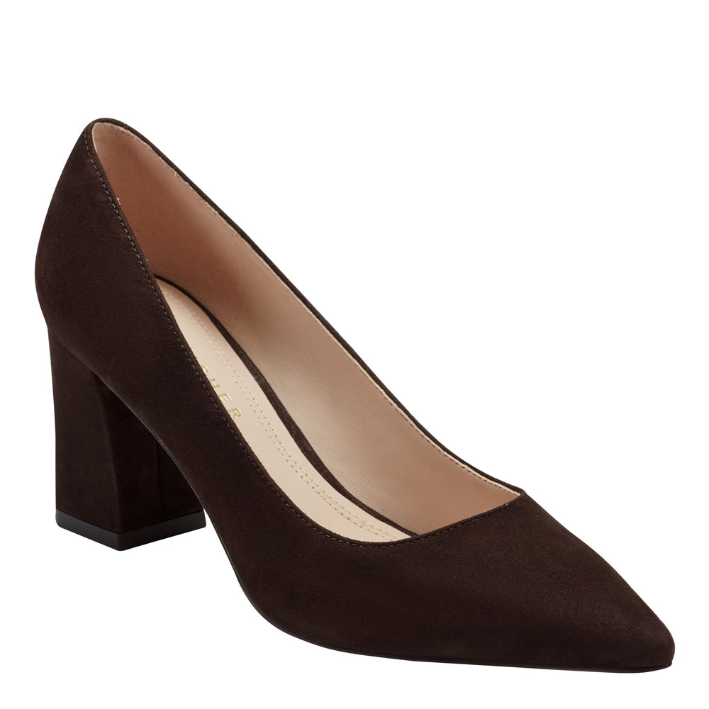 Marc Fisher Zala Block Heel Pointy Toe Pump | Dark Brown Suede