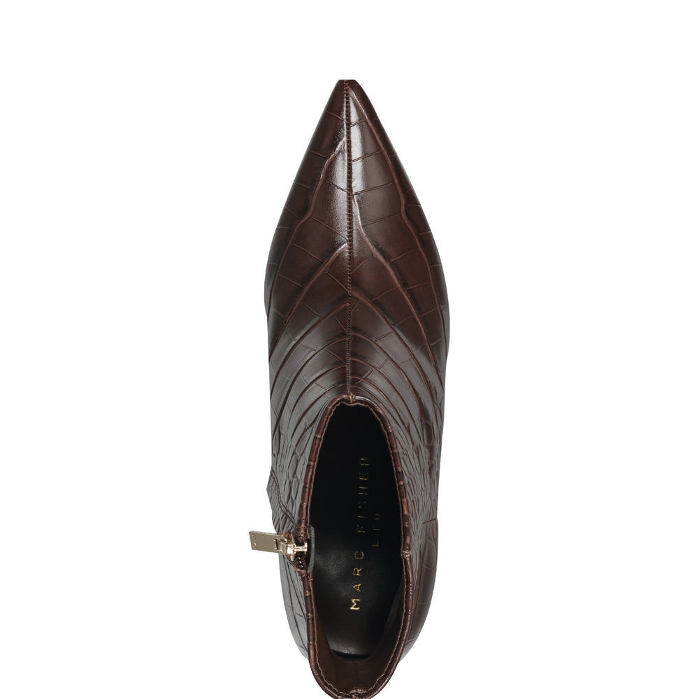 Marc Fisher Alfie Block Heel Ankle Bootie | Embossed Croco Dark Brown Leather